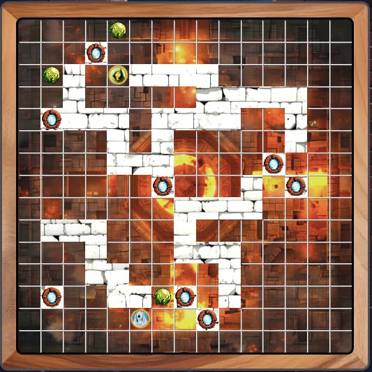 Wallpit 15×15 game board with walls, orbs and teleport tiles